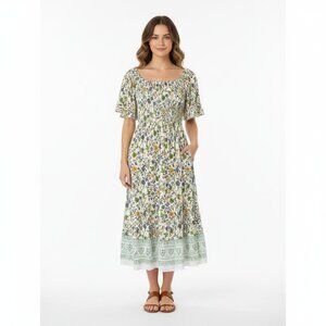 Lapogee Floral Midi Dress with Green and Yellow Accents Medium